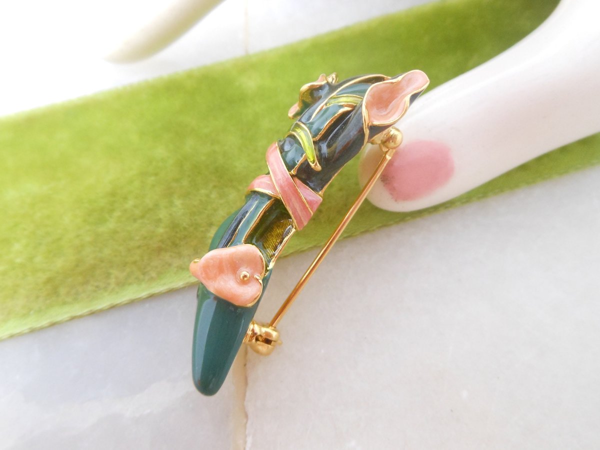 Vintage KJL Kenneth Jay Lane Shoe Brooch Pin Green Pink Enamel Calla Lily Breast Cancer Designer Jewelry Gift Collectible, VivianJoel.com