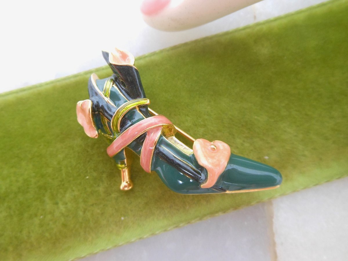 Vintage KJL Kenneth Jay Lane Shoe Brooch Pin Green Pink Enamel Calla Lily Breast Cancer Designer Jewelry Gift Collectible, VivianJoel.com