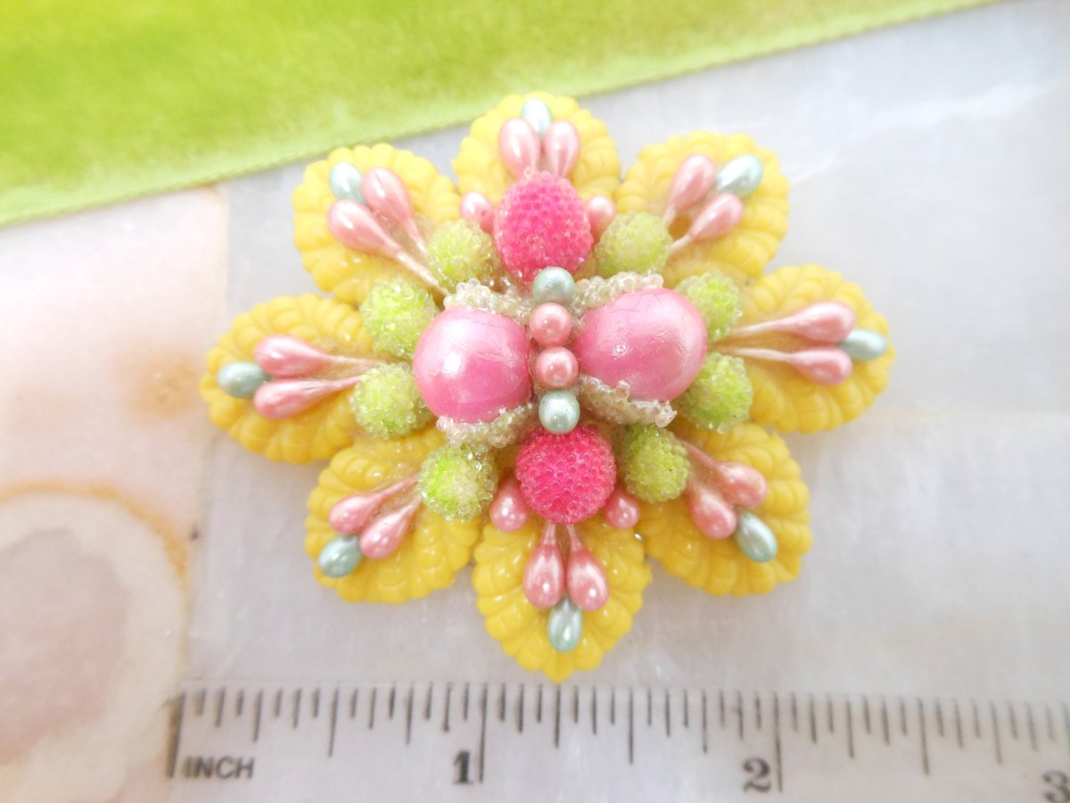 Vintage Pink Sugar Bead Yellow Plastic Leaf Brooch Flower Millinery Cluster Corsage Pin Mid Century Jewelry Gift, VivianJoel.com