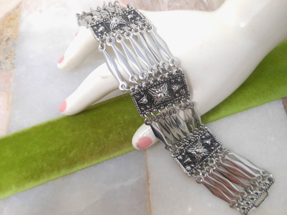 Vintage Silver Bracelet Wide Multi Link Replica 1930s Mexico Pyramid Panel Boho Statement Cuff Jewelry Gift NOT Sterling, VivianJoel.com