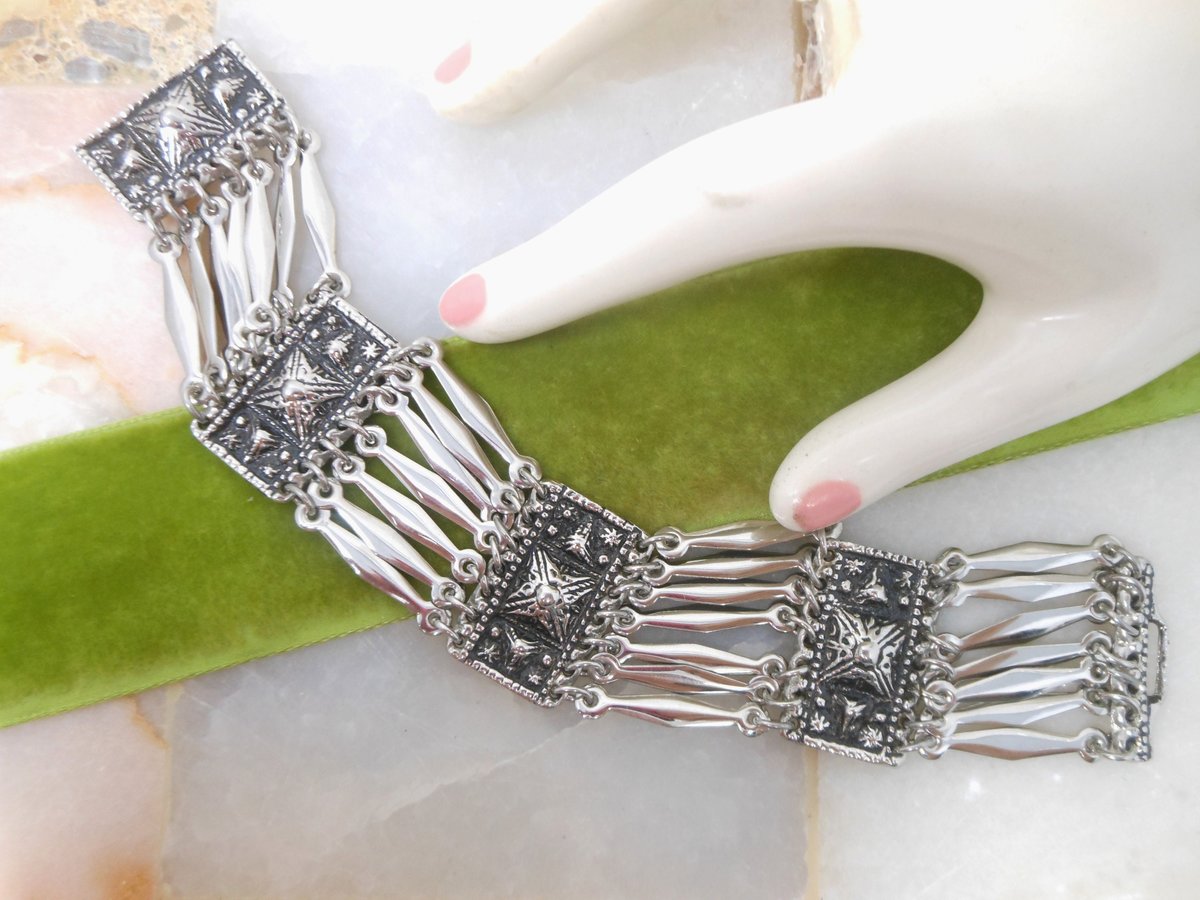 Vintage Silver Bracelet Wide Multi Link Replica 1930s Mexico Pyramid Panel Boho Statement Cuff Jewelry Gift NOT Sterling, VivianJoel.com