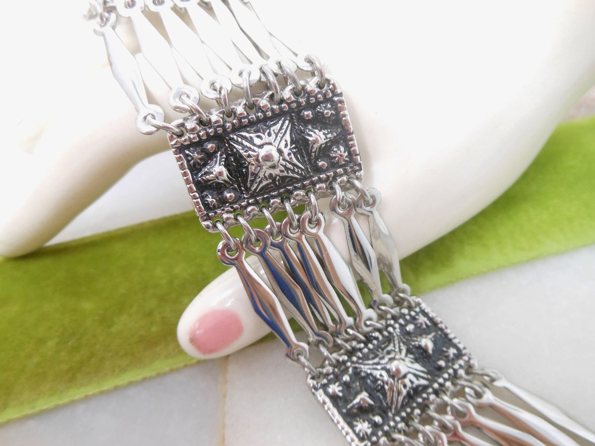 Vintage Silver Bracelet Wide Multi Link Replica 1930s Mexico Pyramid Panel Boho Statement Cuff Jewelry Gift NOT Sterling, VivianJoel.com