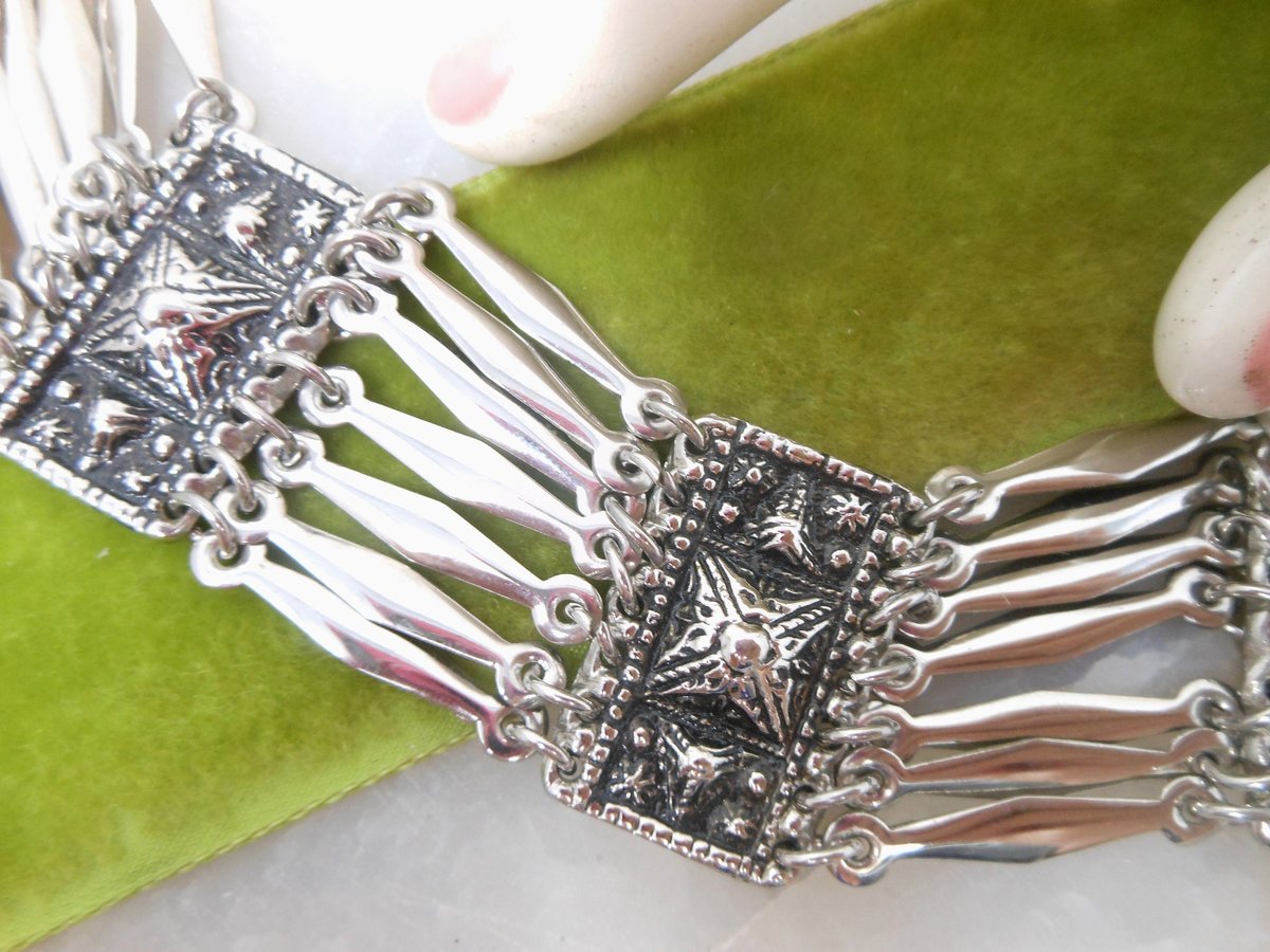 Vintage Silver Bracelet Wide Multi Link Replica 1930s Mexico Pyramid Panel Boho Statement Cuff Jewelry Gift NOT Sterling, VivianJoel.com