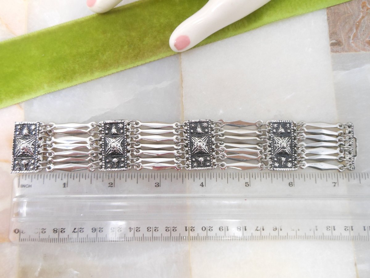 Vintage Silver Bracelet Wide Multi Link Replica 1930s Mexico Pyramid Panel Boho Statement Cuff Jewelry Gift NOT Sterling, VivianJoel.com