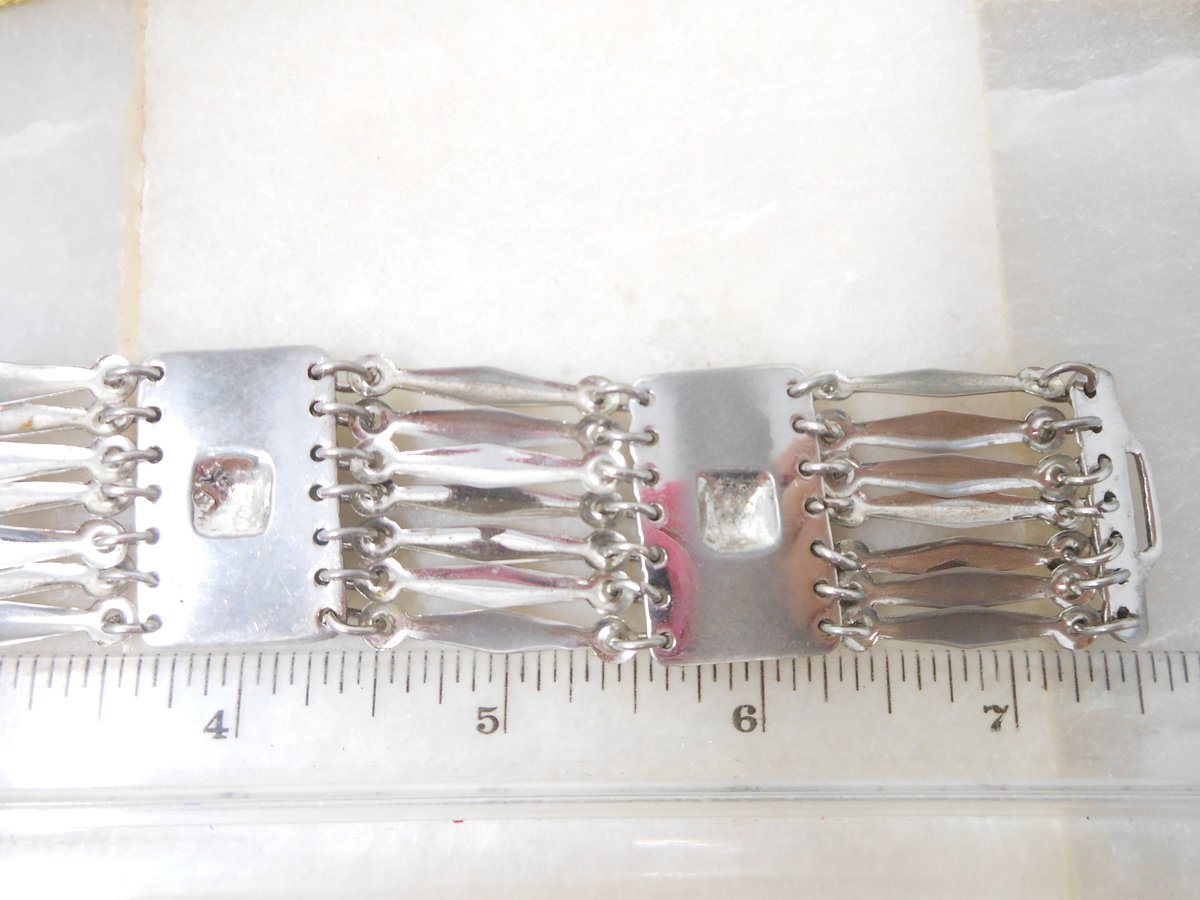 Vintage Silver Bracelet Wide Multi Link Replica 1930s Mexico Pyramid Panel Boho Statement Cuff Jewelry Gift NOT Sterling, VivianJoel.com