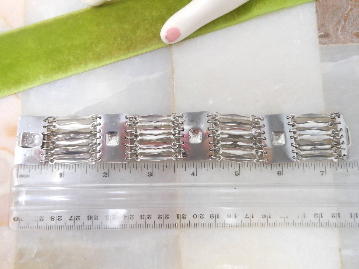 Vintage Silver Bracelet Wide Multi Link Replica 1930s Mexico Pyramid Panel Boho Statement Cuff Jewelry Gift NOT Sterling, VivianJoel.com