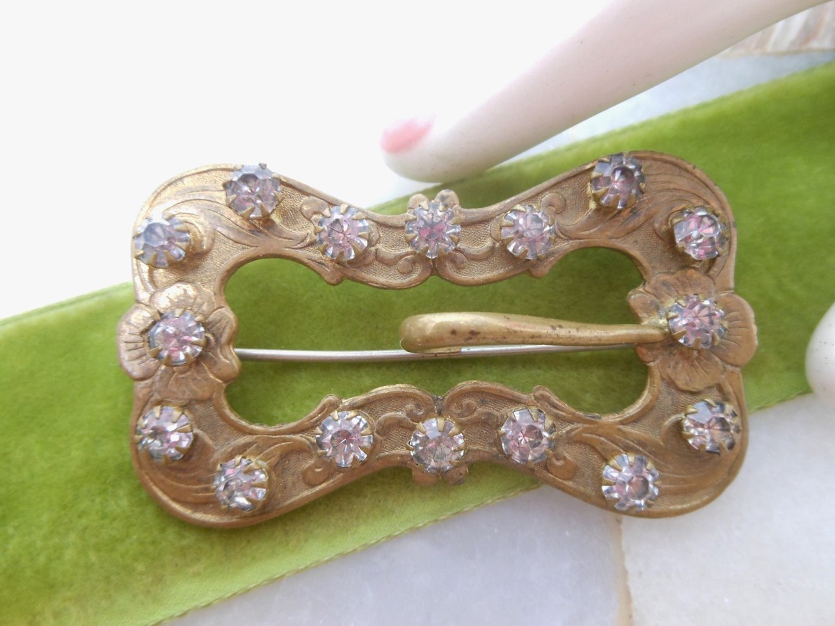 Vintage Rhinestone Sash Brooch Buckle Pin Clear Paste Jewelry Gift Wardrobe Costume Victorian Art Nouveau Mid Century, VivianJoel.com