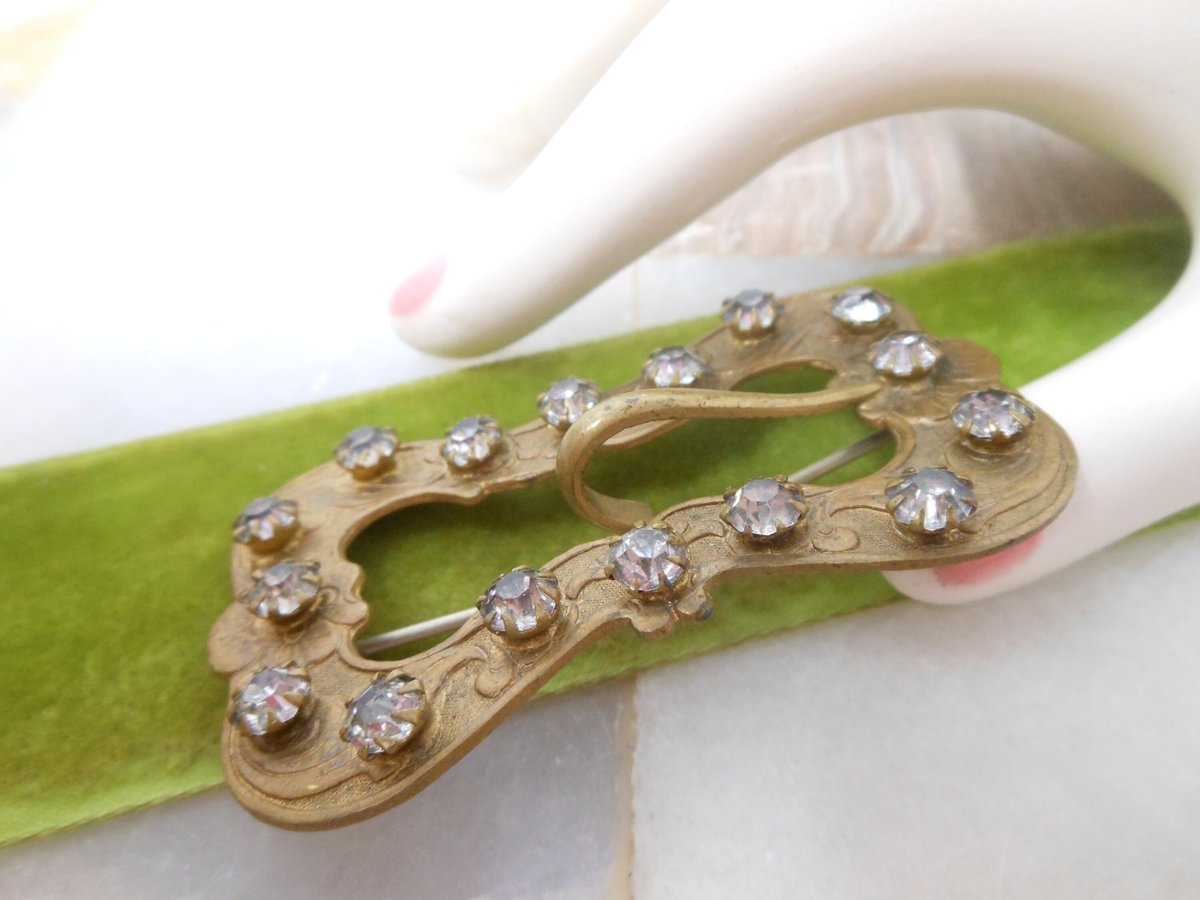 Vintage Rhinestone Sash Brooch Buckle Pin Clear Paste Jewelry Gift Wardrobe Costume Victorian Art Nouveau Mid Century, VivianJoel.com