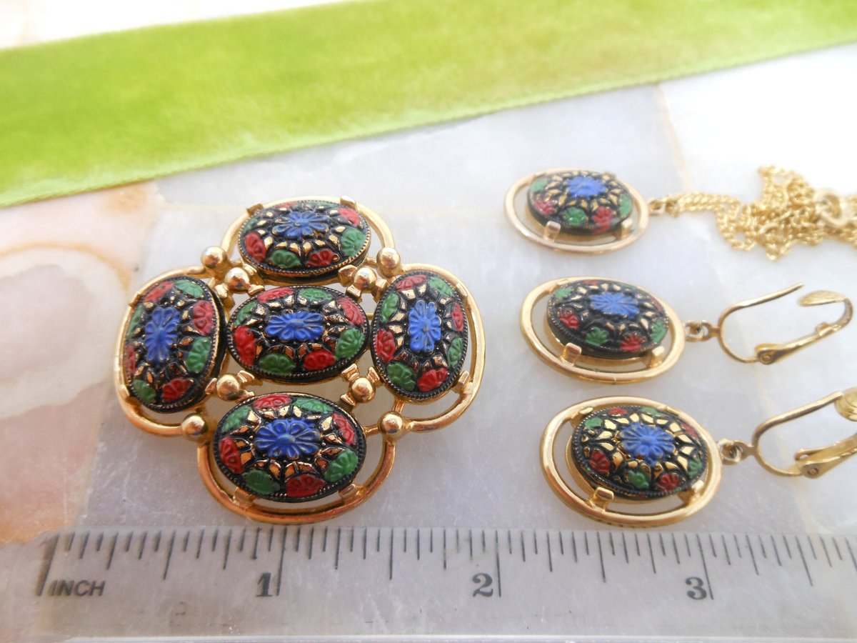 Vintage SARAH COVENTRY Designer Necklace Brooch Earrings SET Light of the East Faux Mosaic Glass Jewelry Gift Mid Century, VivianJoel.com