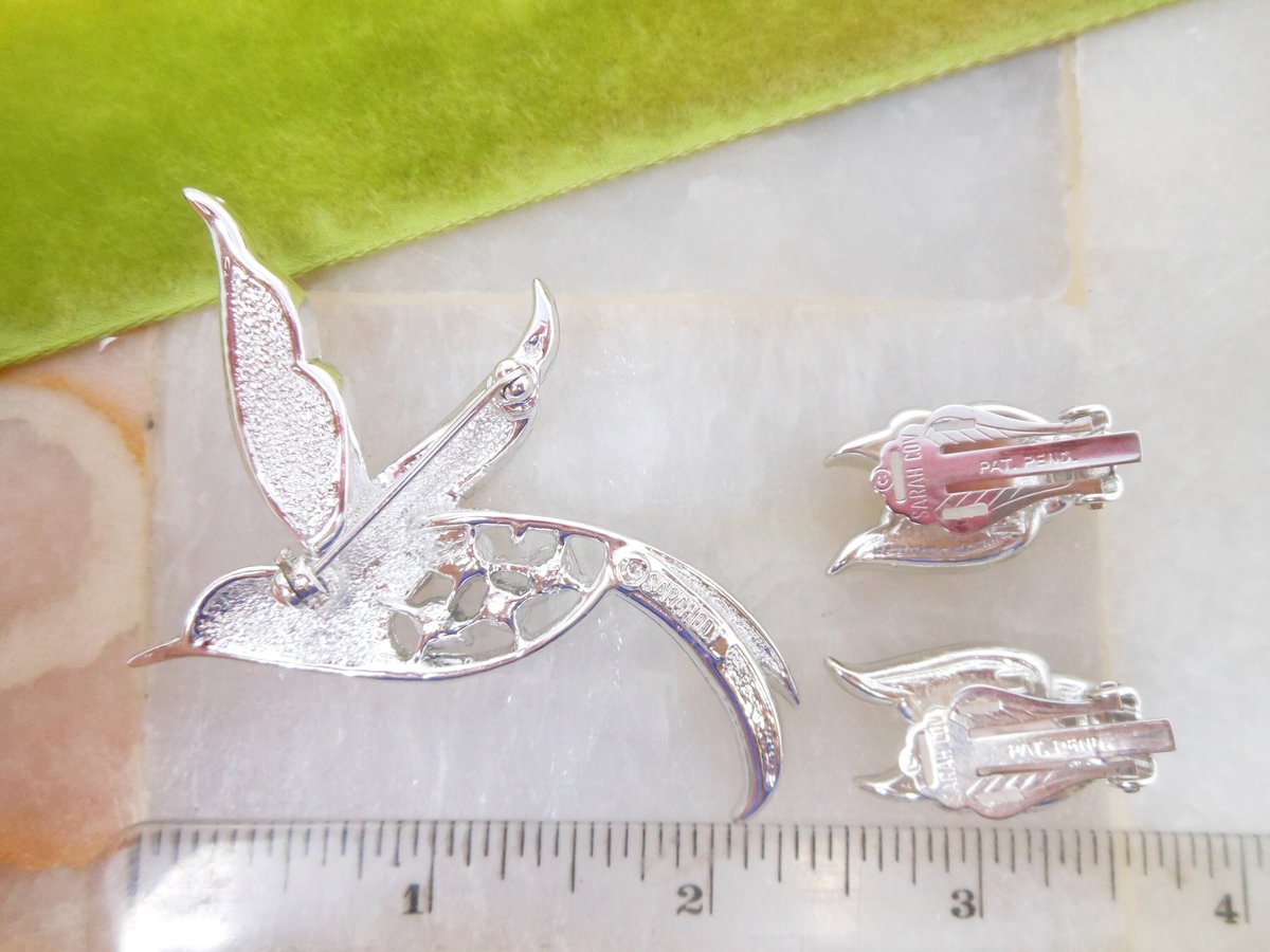 Vintage SARAH COVENTRY Bird of Paradise Brooch Earrings SET Crystal Rhinestone Aurora Borealis Designer Mid Century Jewelry, VivianJoel.com