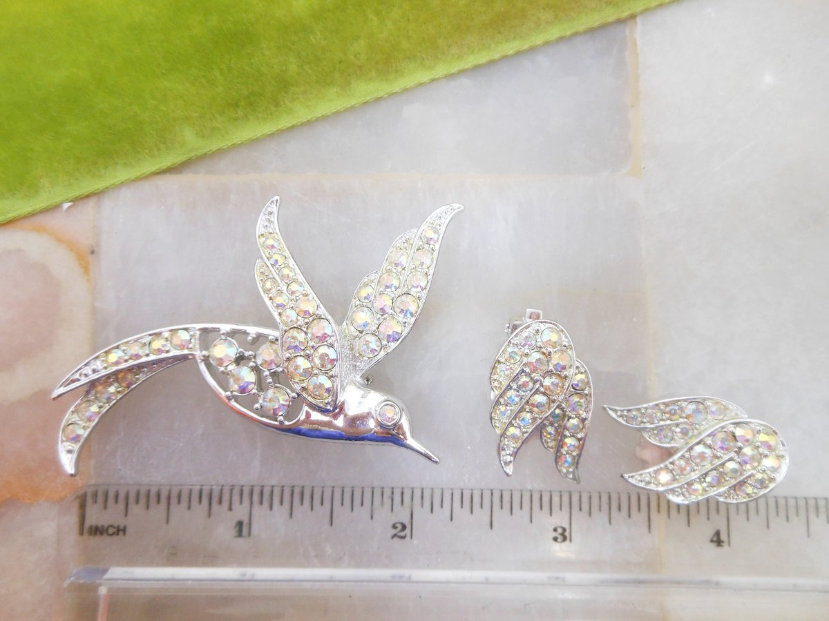 Vintage SARAH COVENTRY Bird of Paradise Brooch Earrings SET Crystal Rhinestone Aurora Borealis Designer Mid Century Jewelry, VivianJoel.com