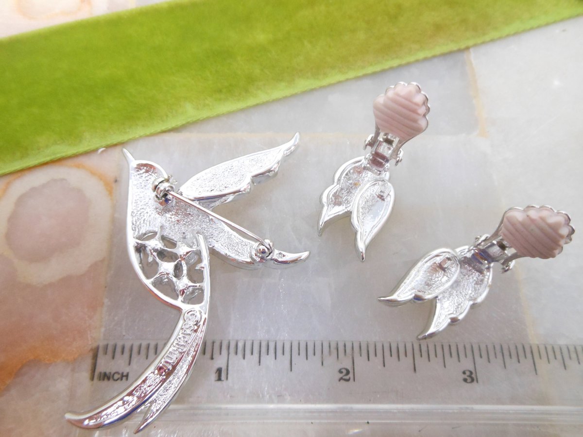 Vintage SARAH COVENTRY Bird of Paradise Brooch Earrings SET Crystal Rhinestone Aurora Borealis Designer Mid Century Jewelry, VivianJoel.com