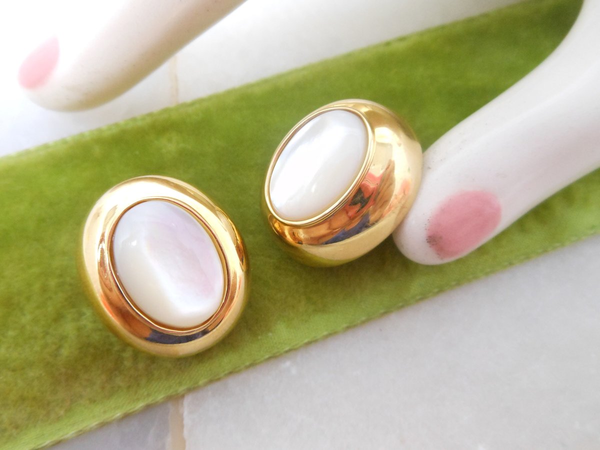 Vintage St JOHN Earrings Designer Mother of Pearl Runway Classic Timeless Mogul Clip On Jewelry Gift, VivianJoel.com