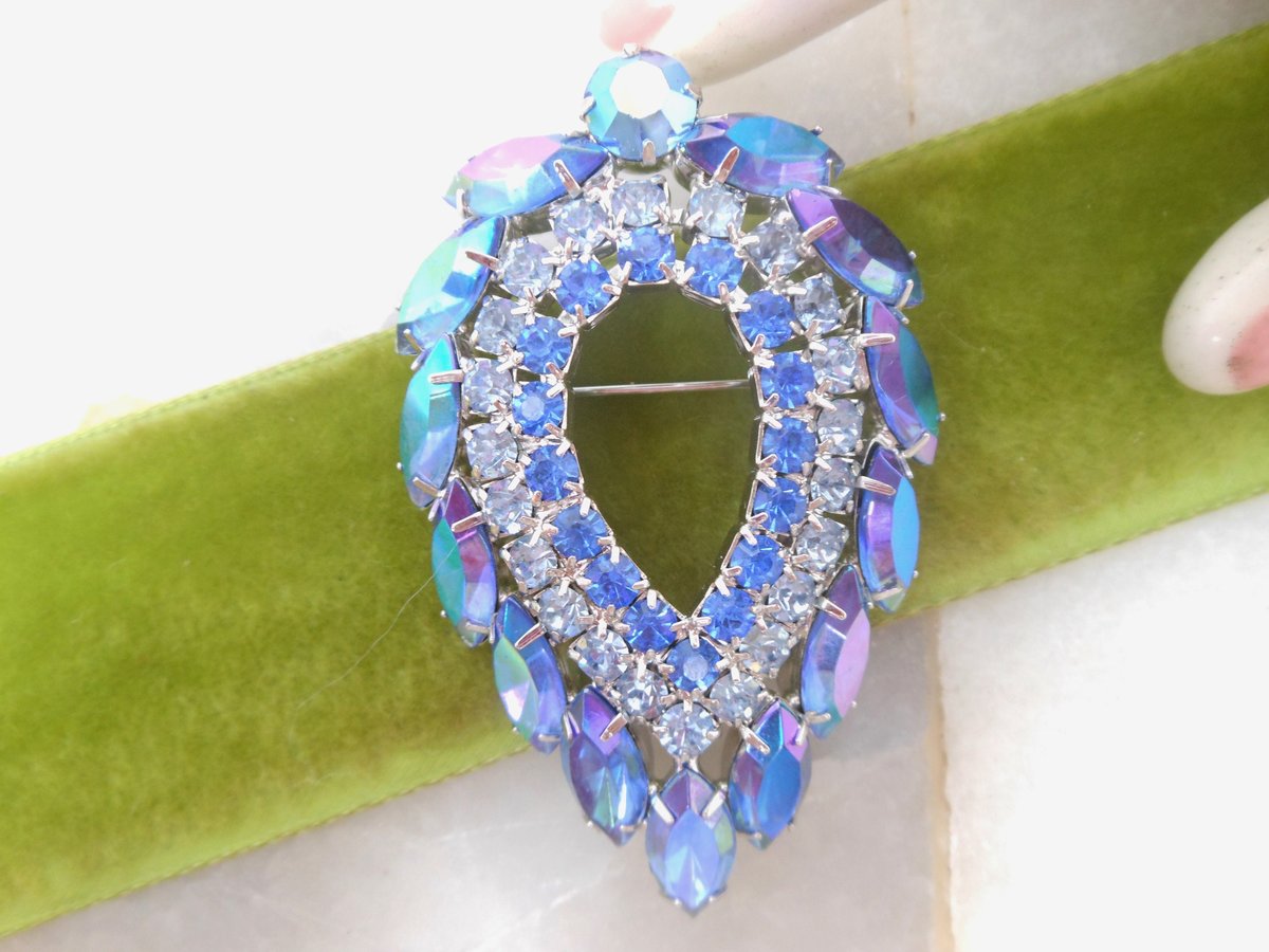Vintage SARAH COVENTRY Brooch Rhinestone Blue Lagoon Aurora Borealis Crystal JULIANA Designer Jewelry Gift Mid Century, VivianJoel.com