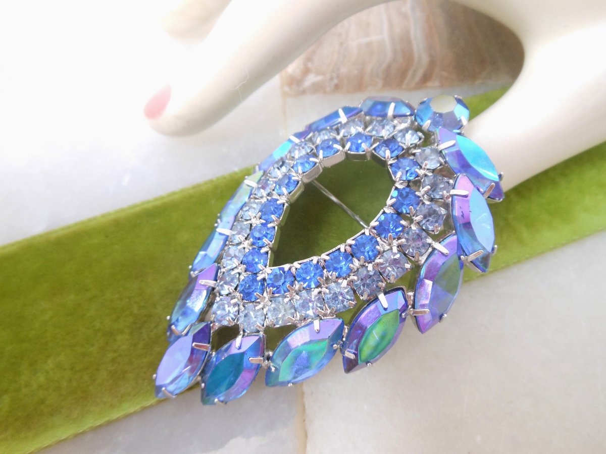 Vintage SARAH COVENTRY Brooch Rhinestone Blue Lagoon Aurora Borealis Crystal JULIANA Designer Jewelry Gift Mid Century, VivianJoel.com
