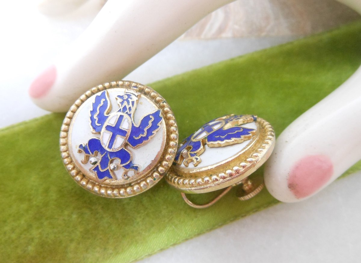 Vintage CORO Heraldic Earrings Screw Back Blue Enamel Cross Phoenix Designer Jewelry Gift Mid Century, VivianJoel.com