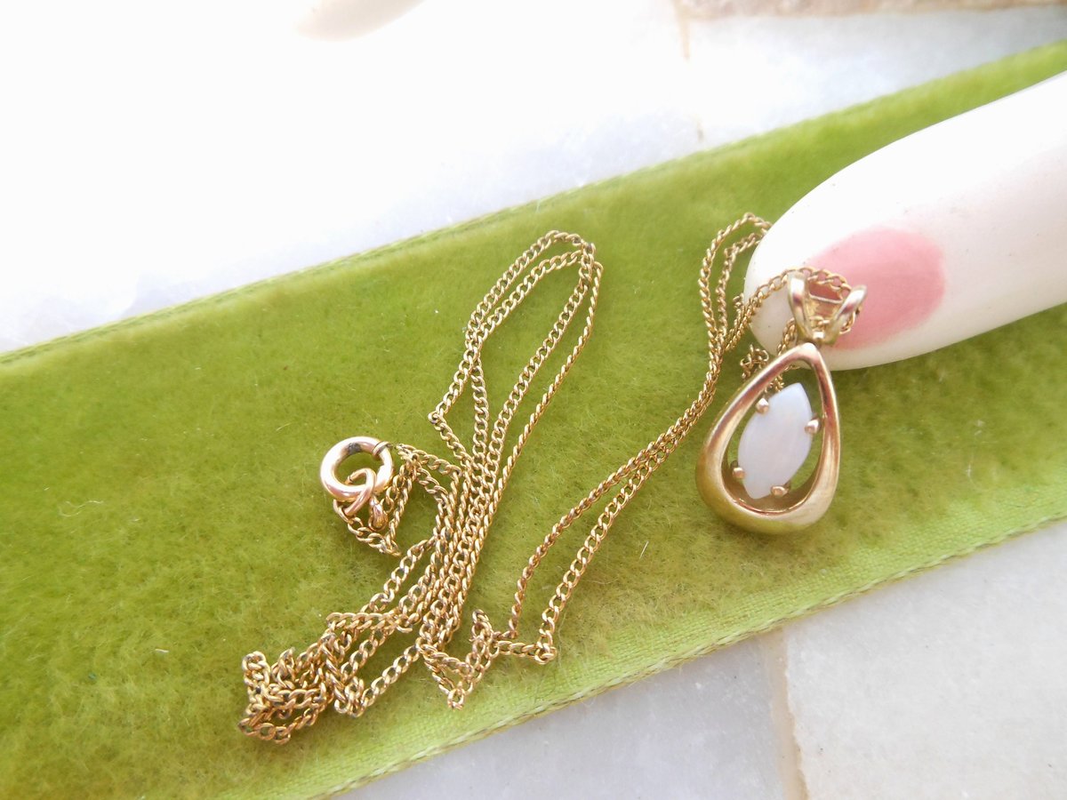 Vintage Opal Gold Fill Pendant Necklace Petite Teardrop Minimalist GF October Birthday Designer Mid Century Jewelry Gift, VivianJoel.com