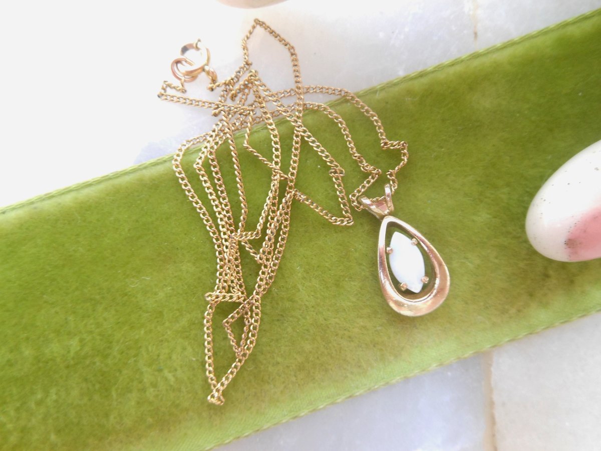 Vintage Opal Gold Fill Pendant Necklace Petite Teardrop Minimalist GF October Birthday Designer Mid Century Jewelry Gift, VivianJoel.com