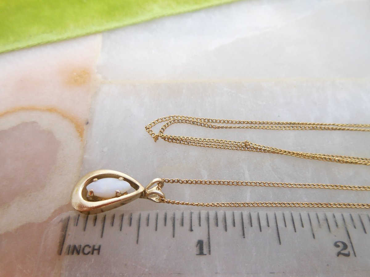 Vintage Opal Gold Fill Pendant Necklace Petite Teardrop Minimalist GF October Birthday Designer Mid Century Jewelry Gift, VivianJoel.com