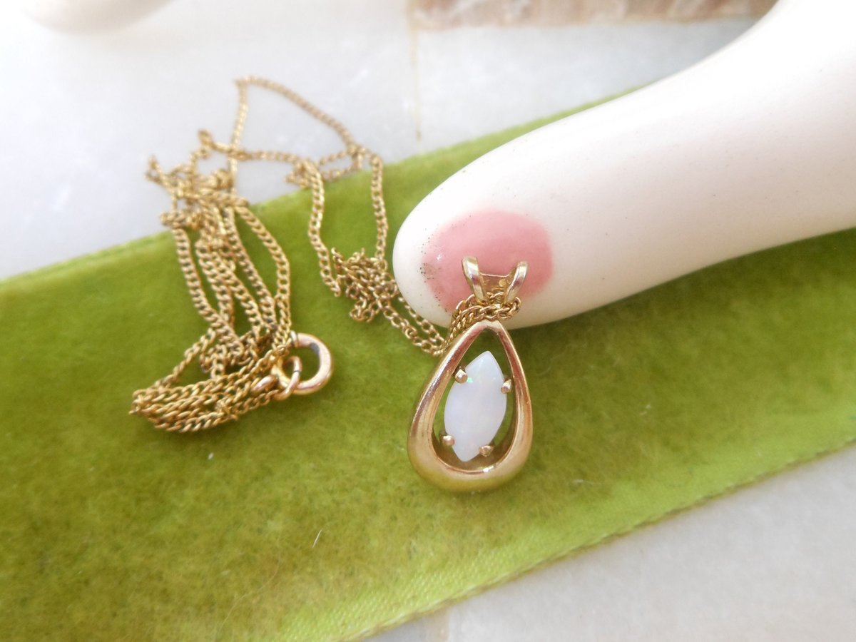 Vintage Opal Gold Fill Pendant Necklace Petite Teardrop Minimalist GF October Birthday Designer Mid Century Jewelry Gift, VivianJoel.com