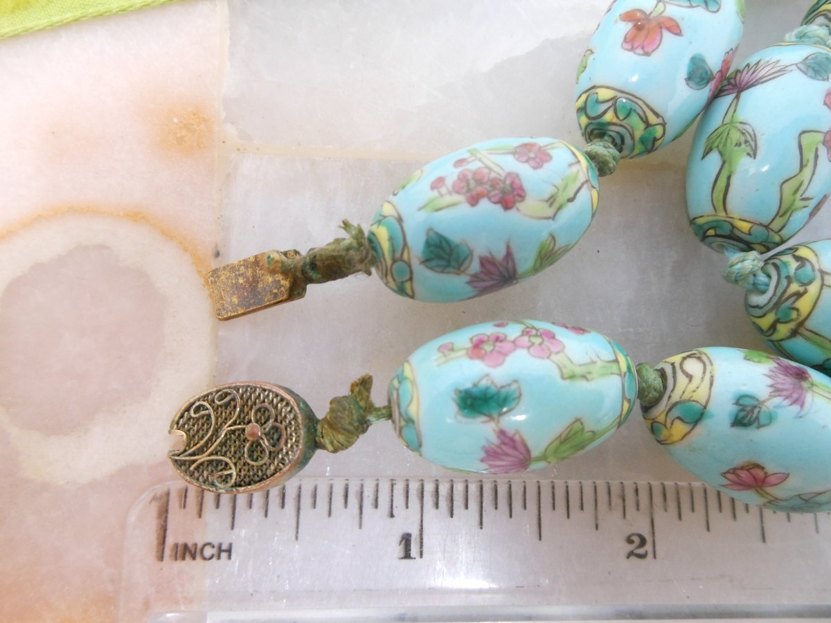 Vintage Pink Lotus Porcelain Chunky Sky Blue Bead Necklace Chinese Export Flower Jewelry Gift Mid Century, VivianJoel.com