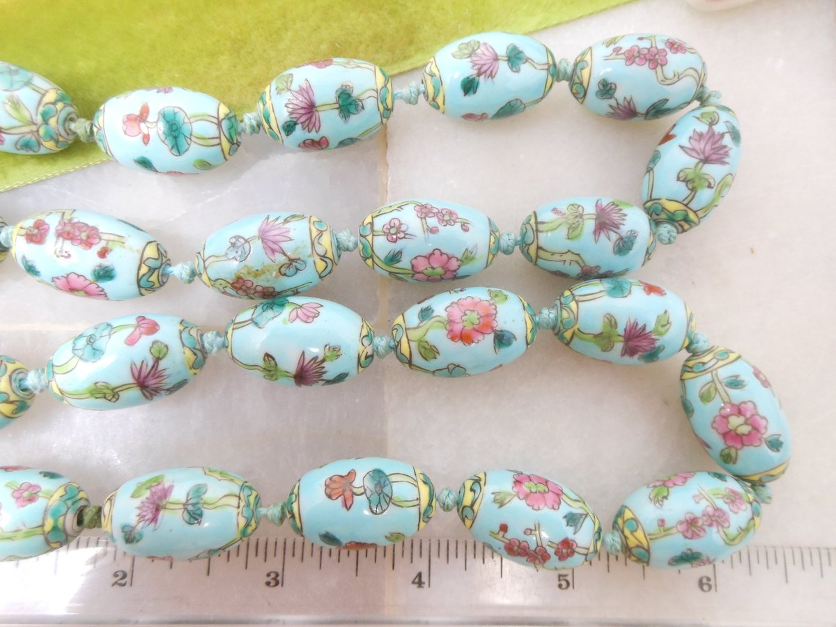 Vintage Pink Lotus Porcelain Chunky Sky Blue Bead Necklace Chinese Export Flower Jewelry Gift Mid Century, VivianJoel.com