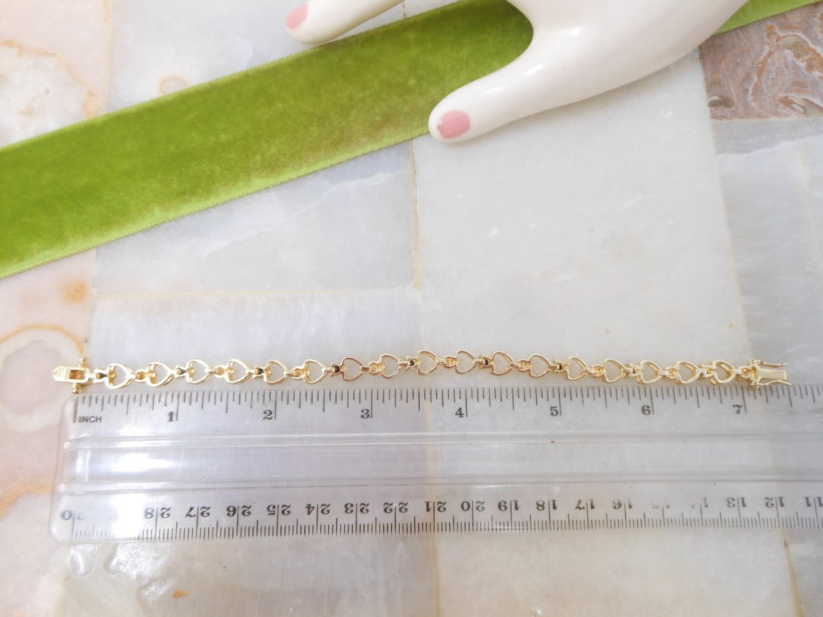 Vintage STERLING SILVER Bracelet Gold Vermiel Heart Link Skinny Tennis Chain Blue Crystal Jewelry Gift, VivianJoel.com