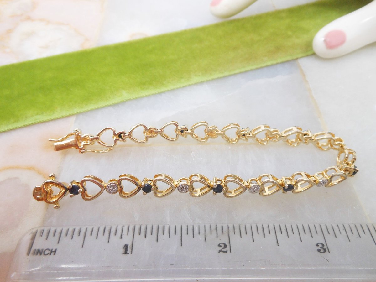 Vintage STERLING SILVER Bracelet Gold Vermiel Heart Link Skinny Tennis Chain Blue Crystal Jewelry Gift, VivianJoel.com