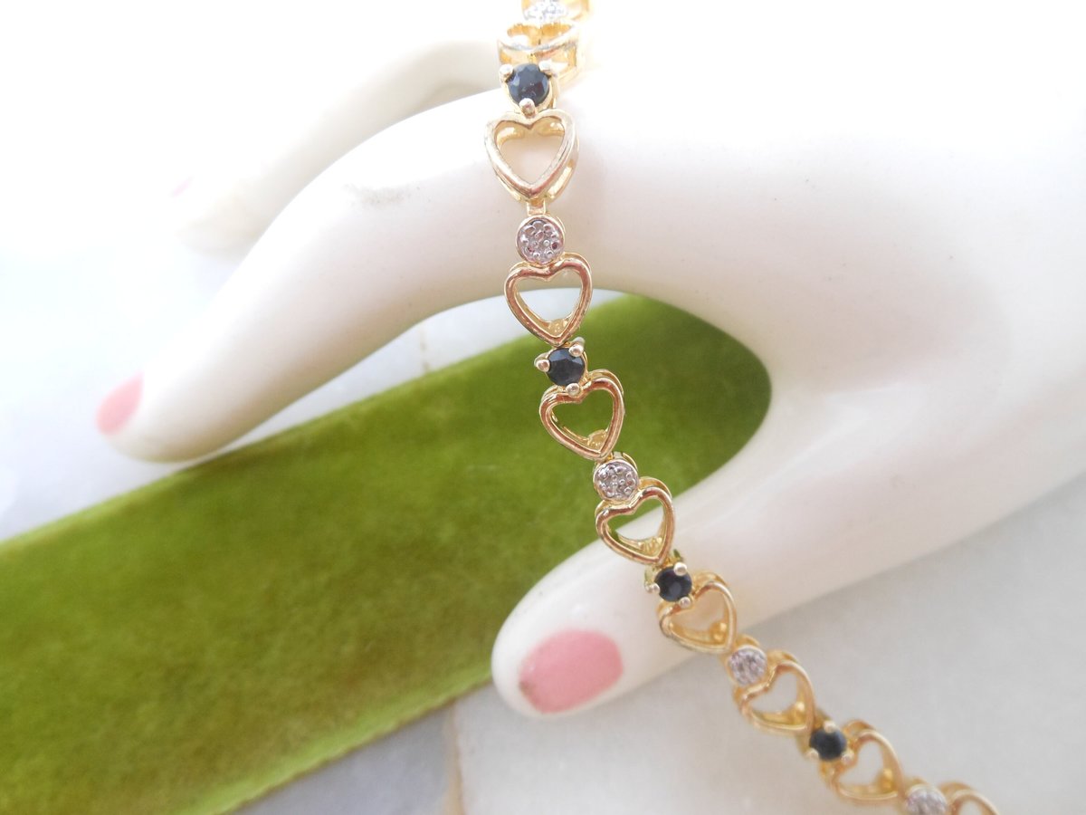 Vintage STERLING SILVER Bracelet Gold Vermiel Heart Link Skinny Tennis Chain Blue Crystal Jewelry Gift, VivianJoel.com