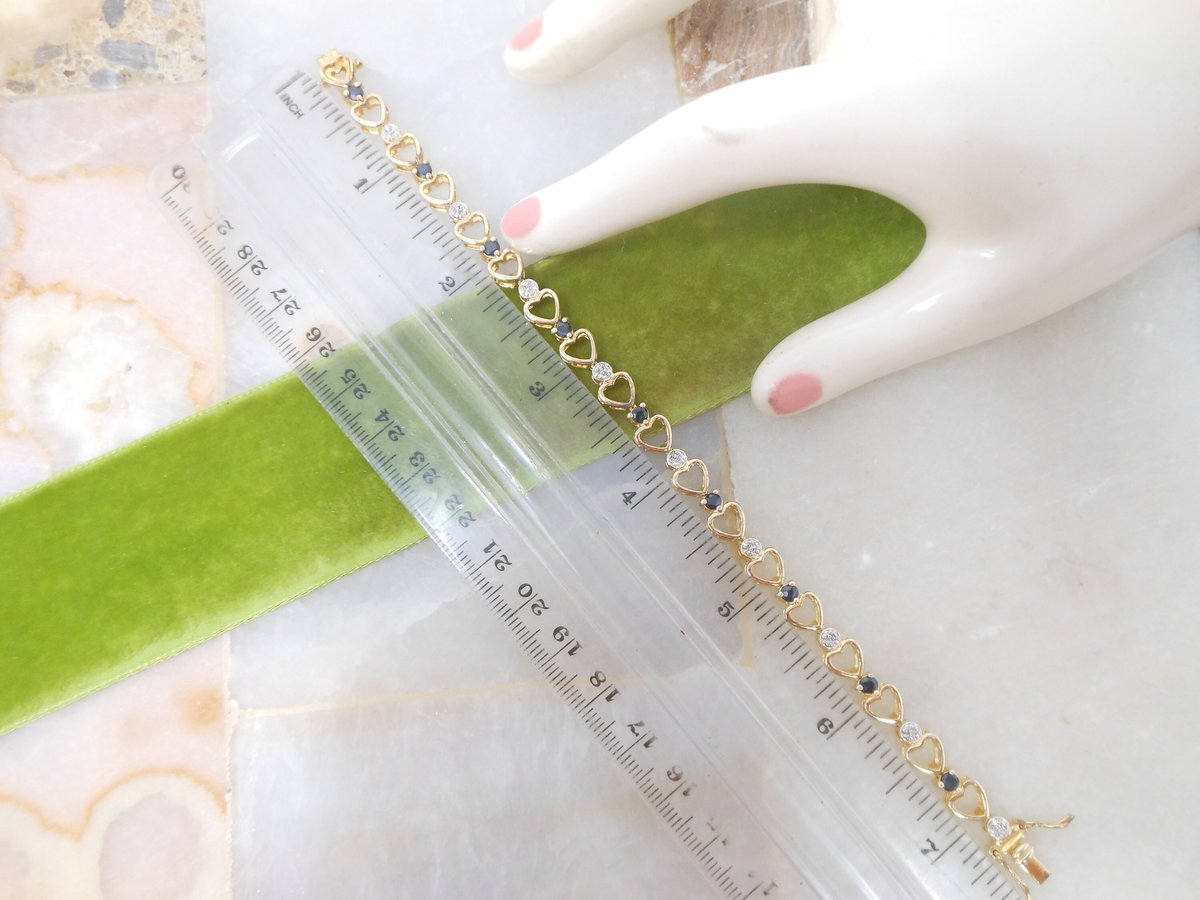 Vintage STERLING SILVER Bracelet Gold Vermiel Heart Link Skinny Tennis Chain Blue Crystal Jewelry Gift, VivianJoel.com