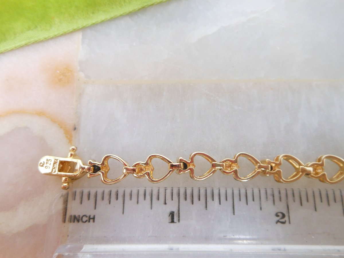 Vintage STERLING SILVER Bracelet Gold Vermiel Heart Link Skinny Tennis Chain Blue Crystal Jewelry Gift, VivianJoel.com