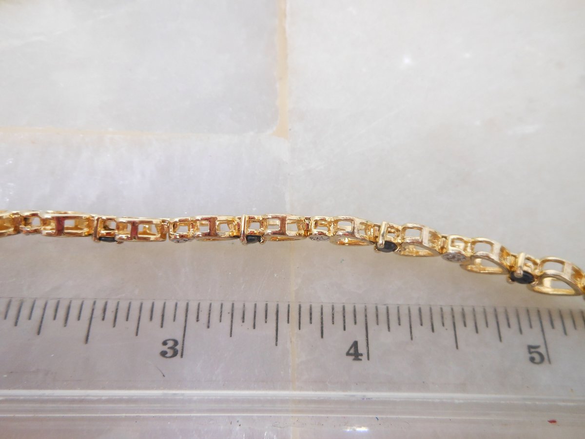 Vintage STERLING SILVER Bracelet Gold Vermiel Heart Link Skinny Tennis Chain Blue Crystal Jewelry Gift, VivianJoel.com