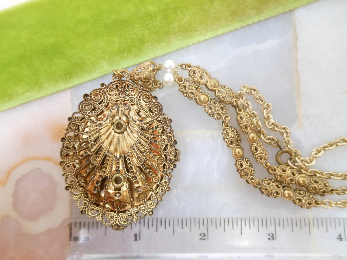 Vintage WEST GERMANY Pendant Necklace Earrings Set Rhinestone Courting Couple Filigree Lace Mid Century Renaissance Jewelry, VivianJoel.com