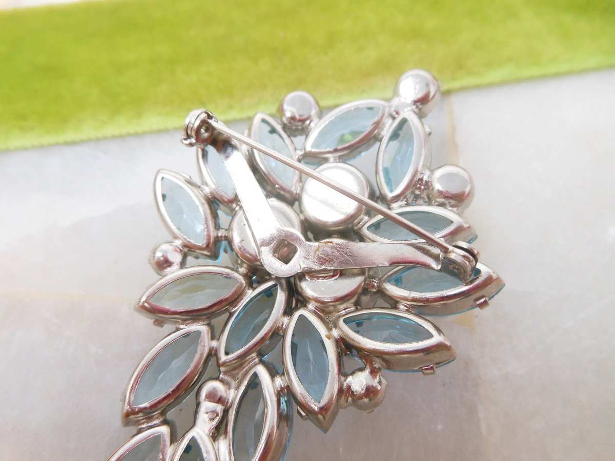 Vintage Blue Open Back Brooch Crystal Rhinestone Pin Regency Revival Galaxy Flower Spray Jewelry Gift Mid Century, VivianJoel.com