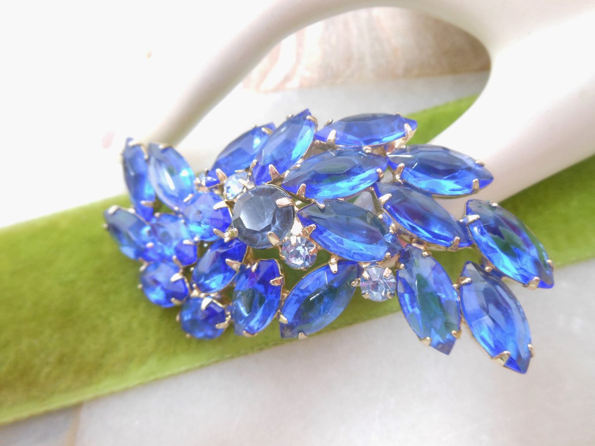 Vintage Blue Open Back Brooch Crystal Rhinestone Pin Regency Revival Cobalt Spray Jewelry Gift Mid Century, VivianJoel.com