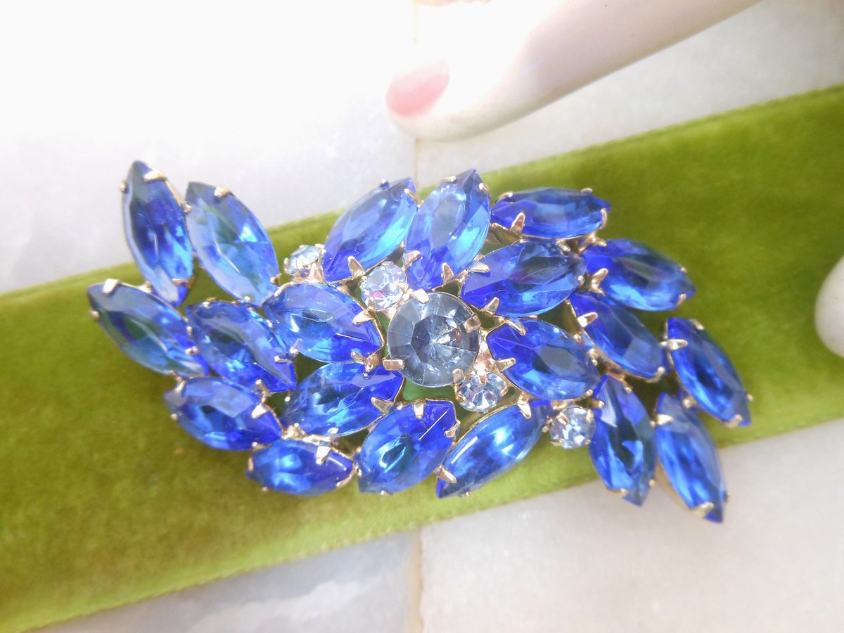 Vintage Blue Open Back Brooch Crystal Rhinestone Pin Regency Revival Cobalt Spray Jewelry Gift Mid Century, VivianJoel.com
