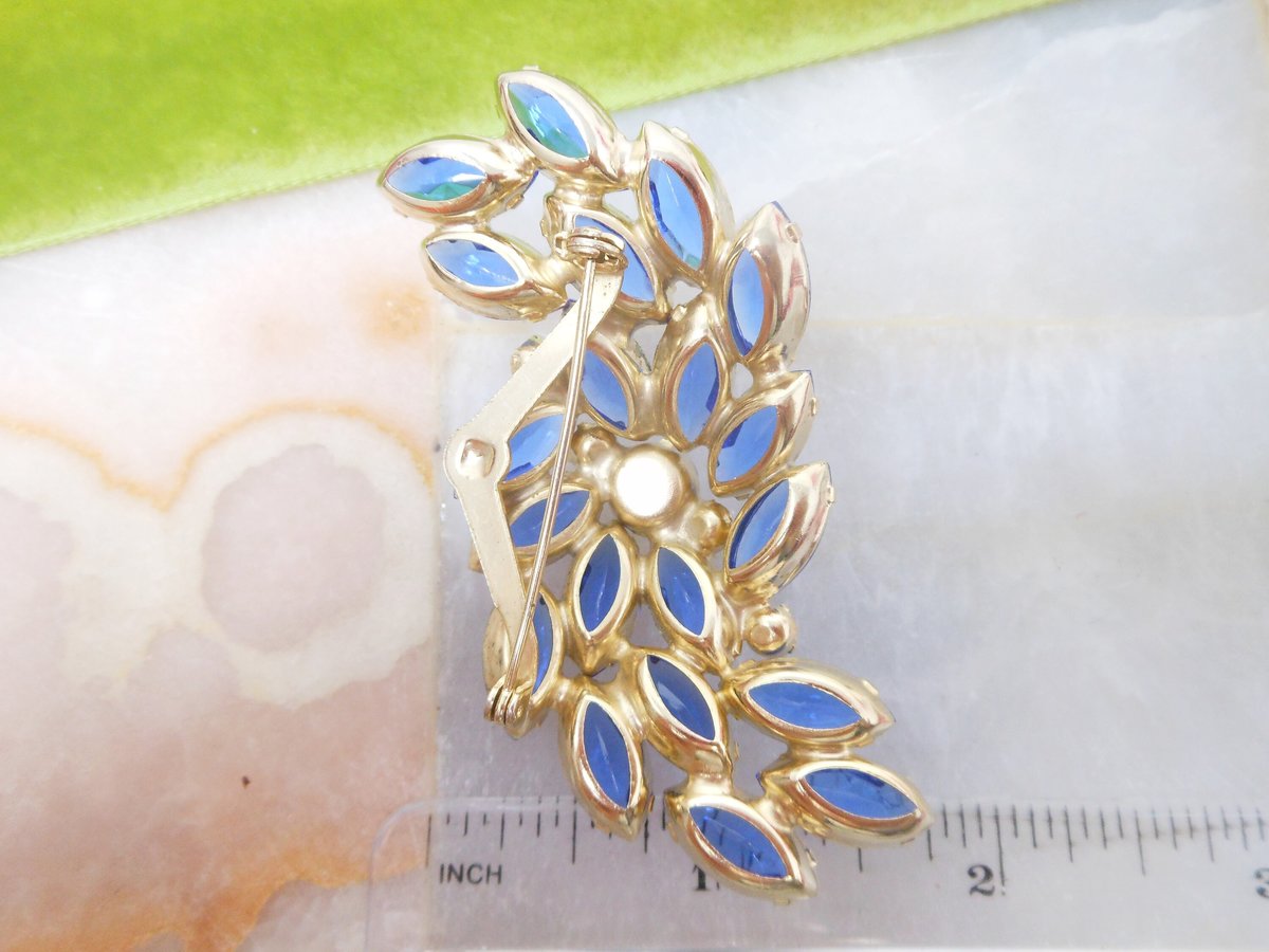 Vintage Blue Open Back Brooch Crystal Rhinestone Pin Regency Revival Cobalt Spray Jewelry Gift Mid Century, VivianJoel.com