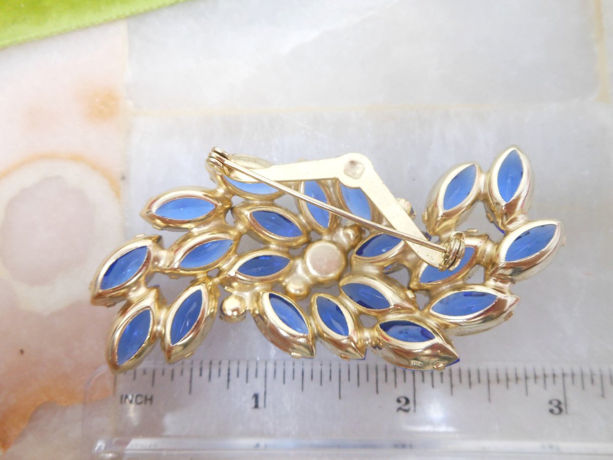 Vintage Blue Open Back Brooch Crystal Rhinestone Pin Regency Revival Cobalt Spray Jewelry Gift Mid Century, VivianJoel.com
