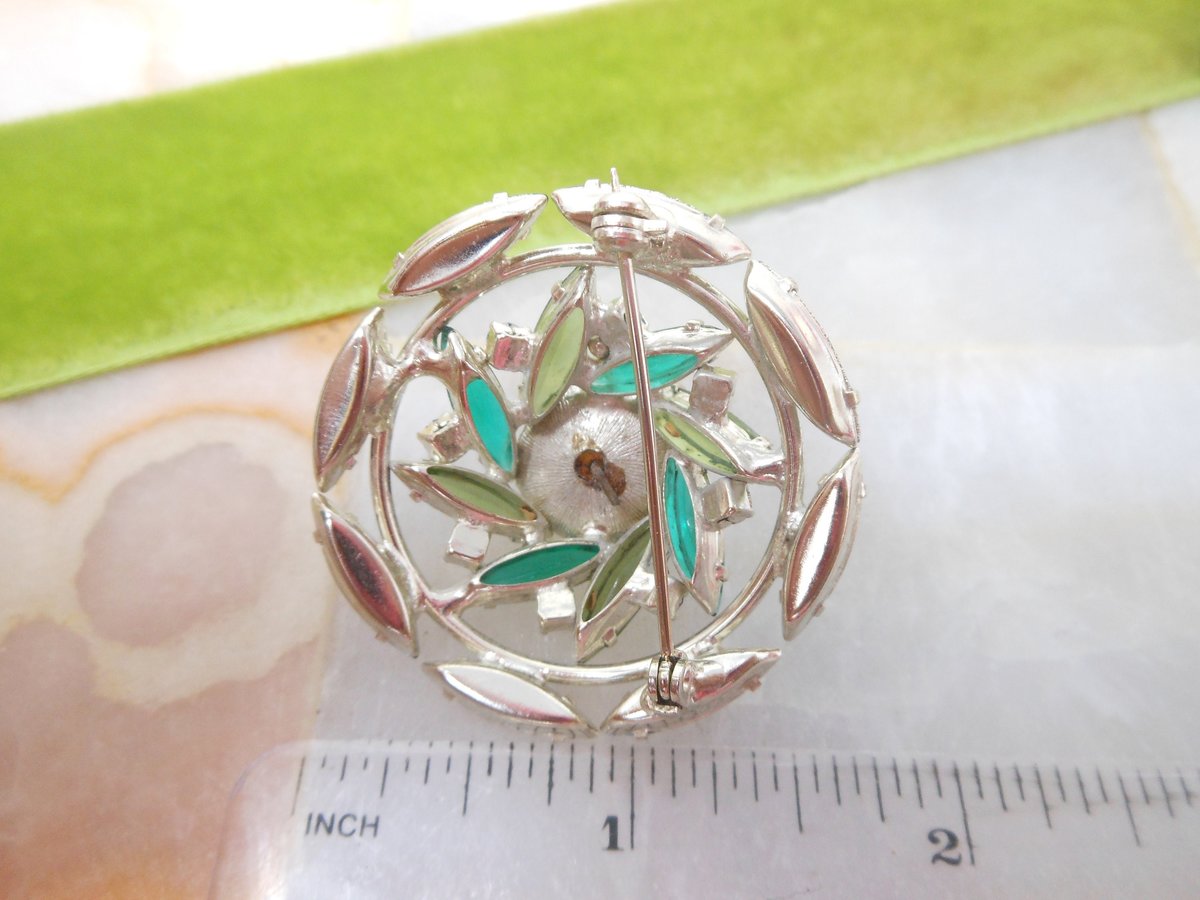 Vintage Blue Rivoli Brooch Domed Rhinestone Pin Crystal Pinwheel Flower Mid Century Jewelry Gift, VivianJoel.com