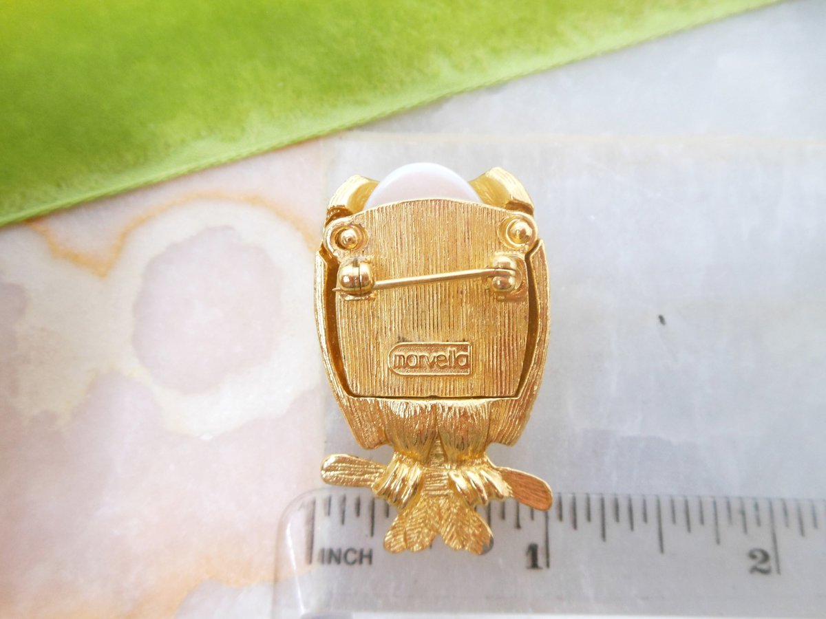 Vintage MARVELLA Owl Bird Brooch Jelly Belly Pin Pearl Rhinestone Designer Figural Mid Century Jewelry Gift,  VivianJoel.com