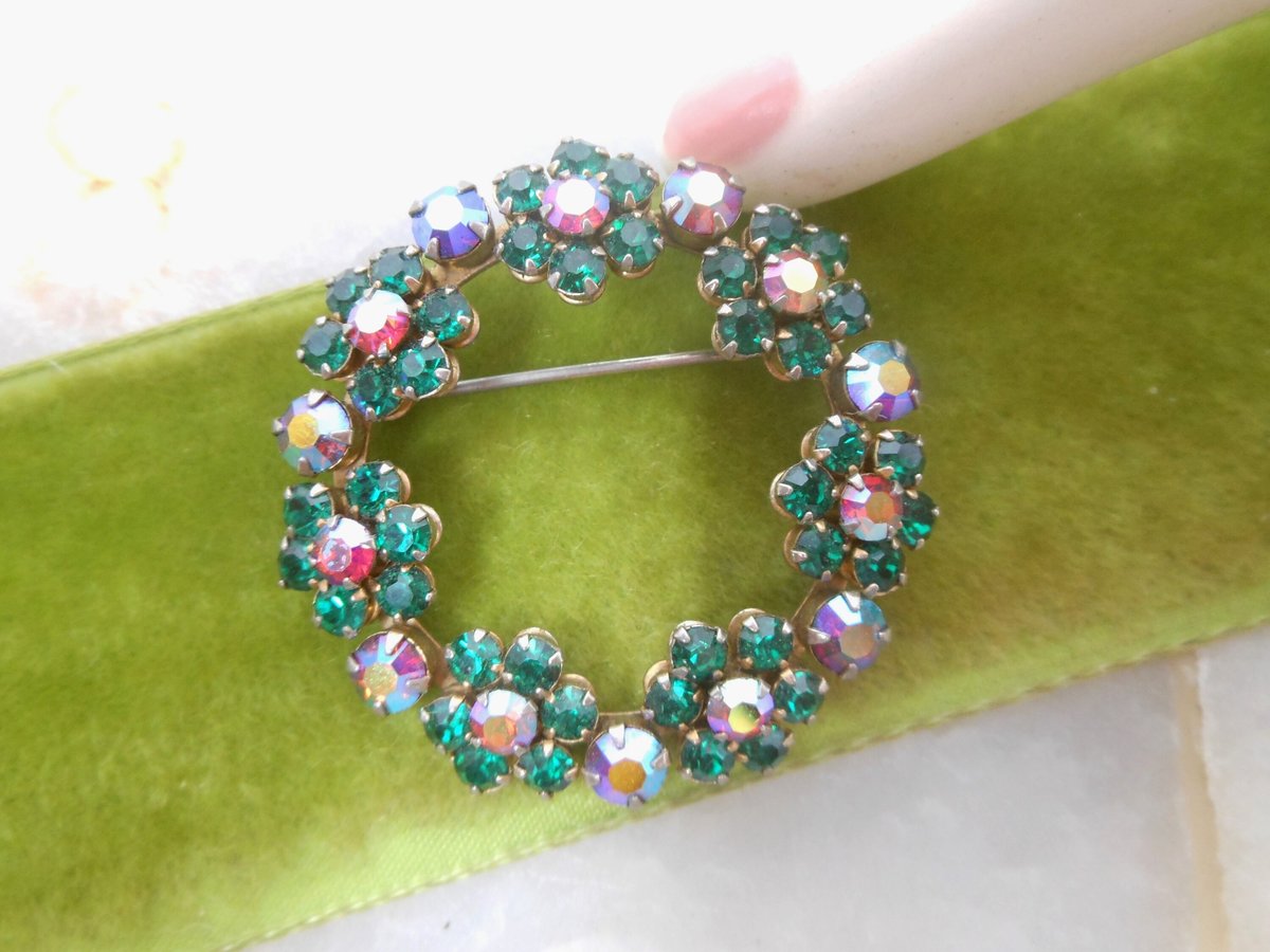 Vintage Green Rhinestone Brooch Wreath Pin Aurora Borealis Jewelry Gift Mid Century, VivianJoel.com