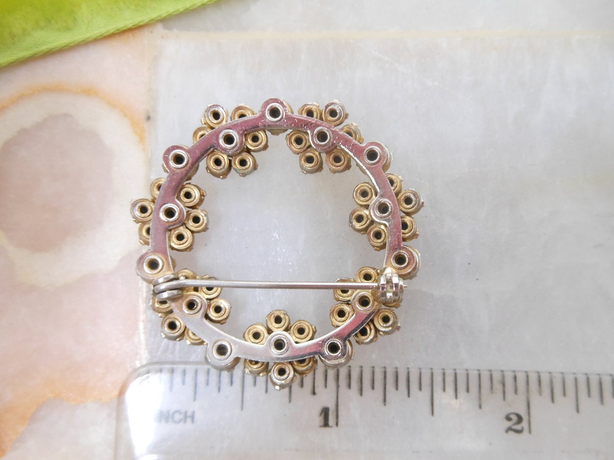 Vintage Green Rhinestone Brooch Wreath Pin Aurora Borealis Jewelry Gift Mid Century, VivianJoel.com