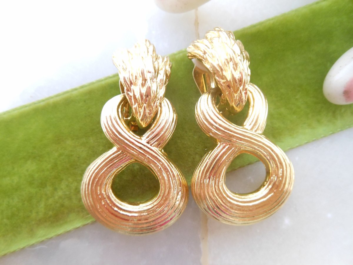 Vintage IVANA Earrings Dangle Drop Door Knocker Clip On Gold Plate Jumbo Designer Runway Jewelry Gift, VivianJoel.com