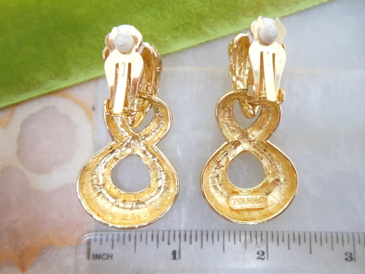 Vintage IVANA Earrings Dangle Drop Door Knocker Clip On Gold Plate Jumbo Designer Runway Jewelry Gift, VivianJoel.com