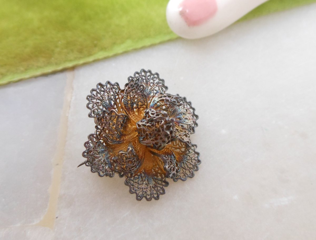 Vintage STERLING SILVER Petite Pin Designer Filigree Flower Brooch Cannetille 925 Mid Century Jewelry Gift, VivianJoel.com