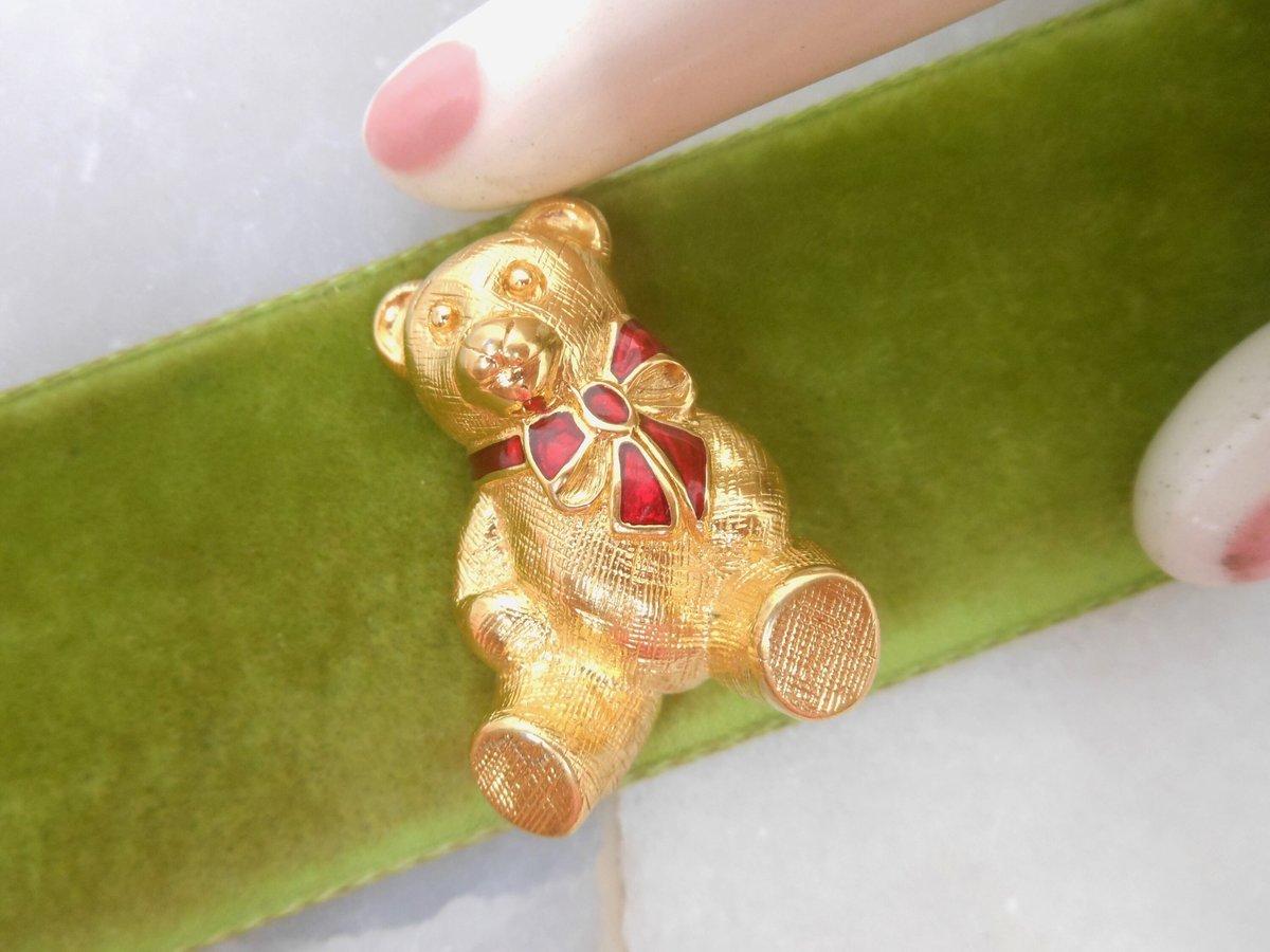 Vintage TRIFARI TM Brooch Teddy Bear Pin Red Bow Enamel Figural Gold Plate Designer Jewelry Mid Century, VivianJoel.com