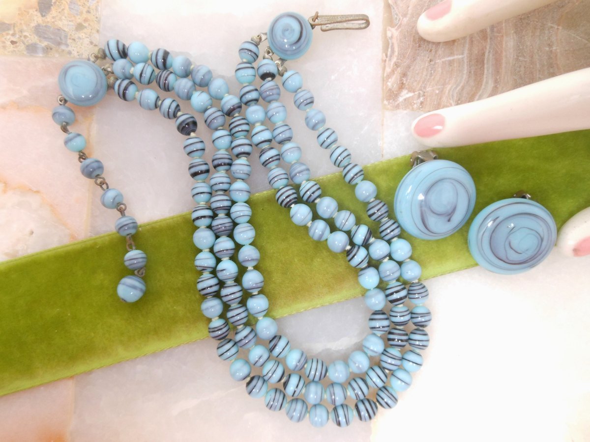 Vintage Glass Bead Necklace Earring Set Art Glass Blue Black Deco Demi Parure Three Strand Jewelry Mid Century, VivianJoel.com
