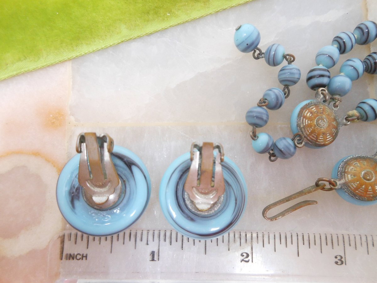 Vintage Glass Bead Necklace Earring Set Art Glass Blue Black Deco Demi Parure Three Strand Jewelry Mid Century, VivianJoel.com