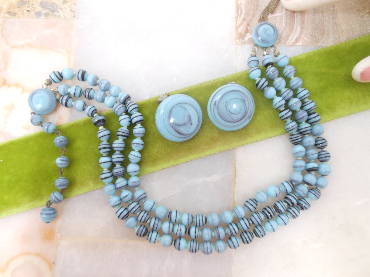 Vintage Glass Bead Necklace Earring Set Art Glass Blue Black Deco Demi Parure Three Strand Jewelry Mid Century, VivianJoel.com