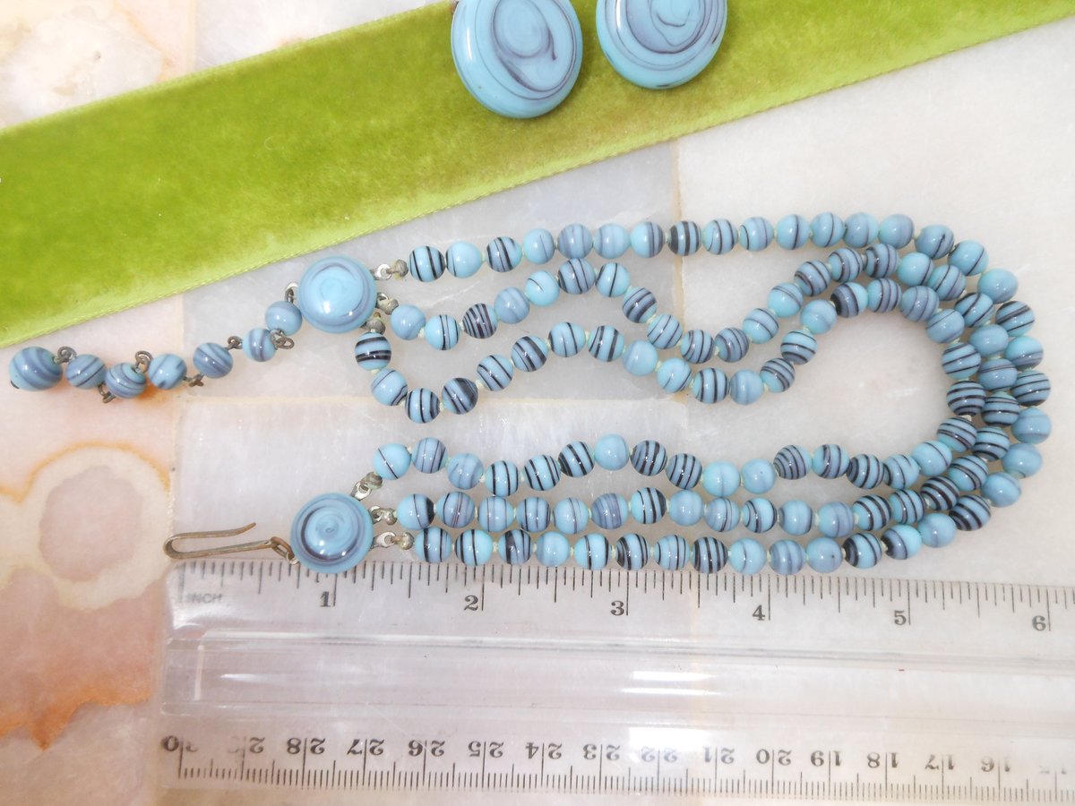 Vintage Glass Bead Necklace Earring Set Art Glass Blue Black Deco Demi Parure Three Strand Jewelry Mid Century, VivianJoel.com